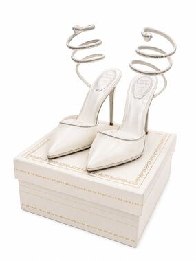 Rene Caovilla White Pointed Toe Wrap-Ankle Stilettos